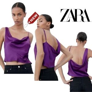 Zara Women Vibrant Purple Satin asymmetrical draped cowl neck camisole Tank Top